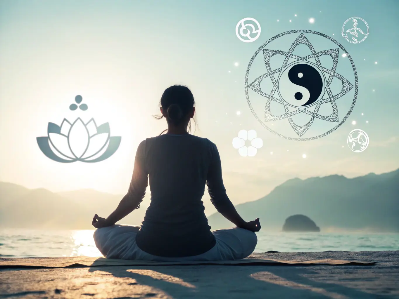 An inspiring image of a person meditating with a sunrise in the background, symbolizing clarity and new beginnings, with Indian cultural elements.