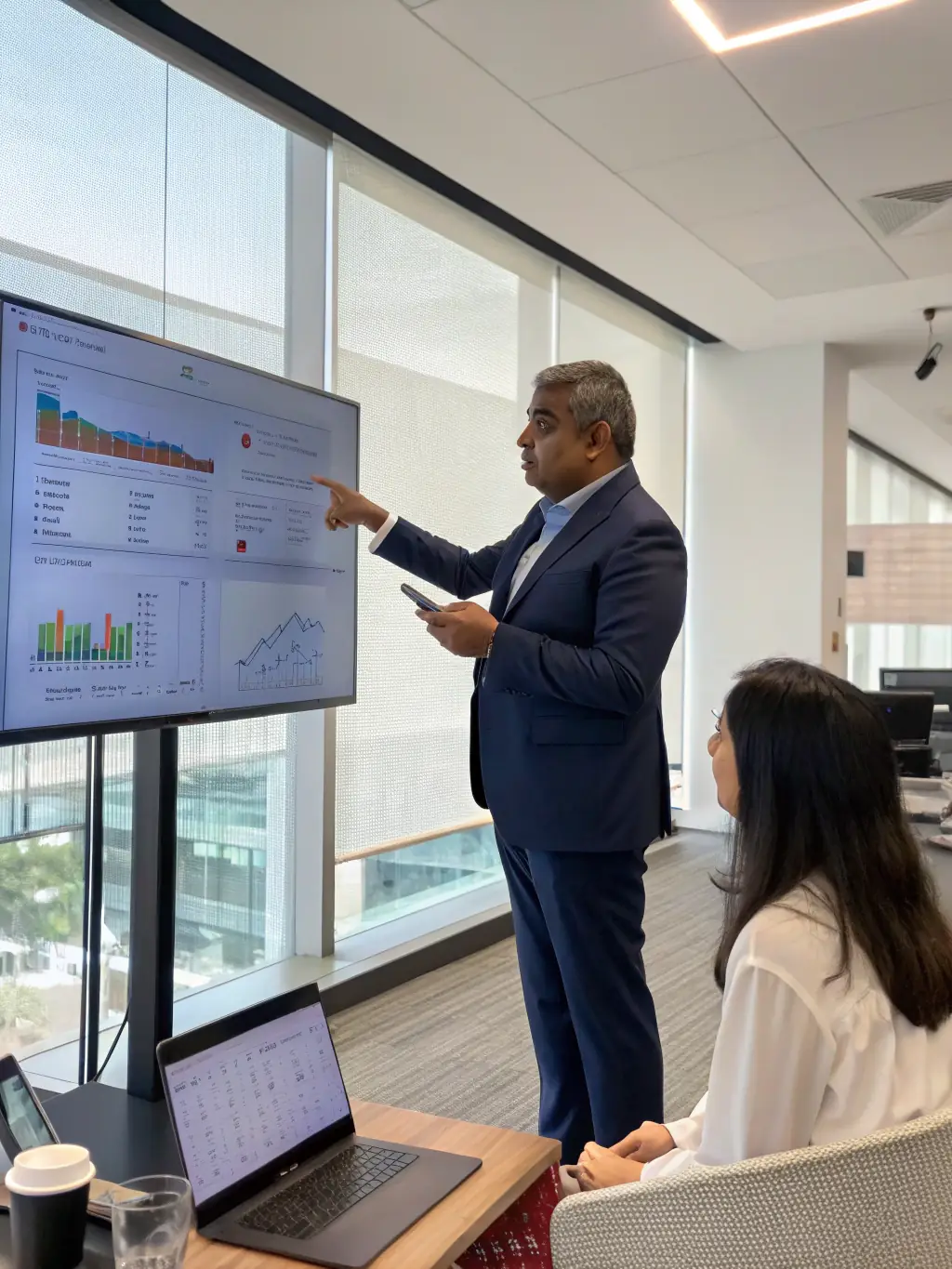 A professional Indian businessman confidently presenting a growth strategy on a whiteboard in a modern office setting, symbolizing business growth coaching.