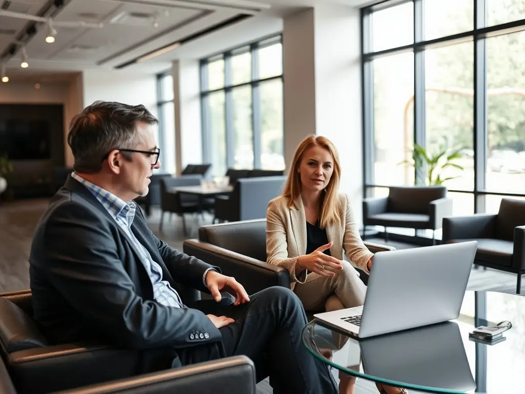 An image of a coach guiding a client through a business strategy session with charts and laptops, set in a modern Indian office.