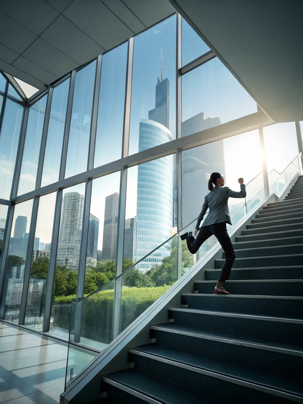 A professional climbing a corporate ladder, symbolizing career advancement and leadership.